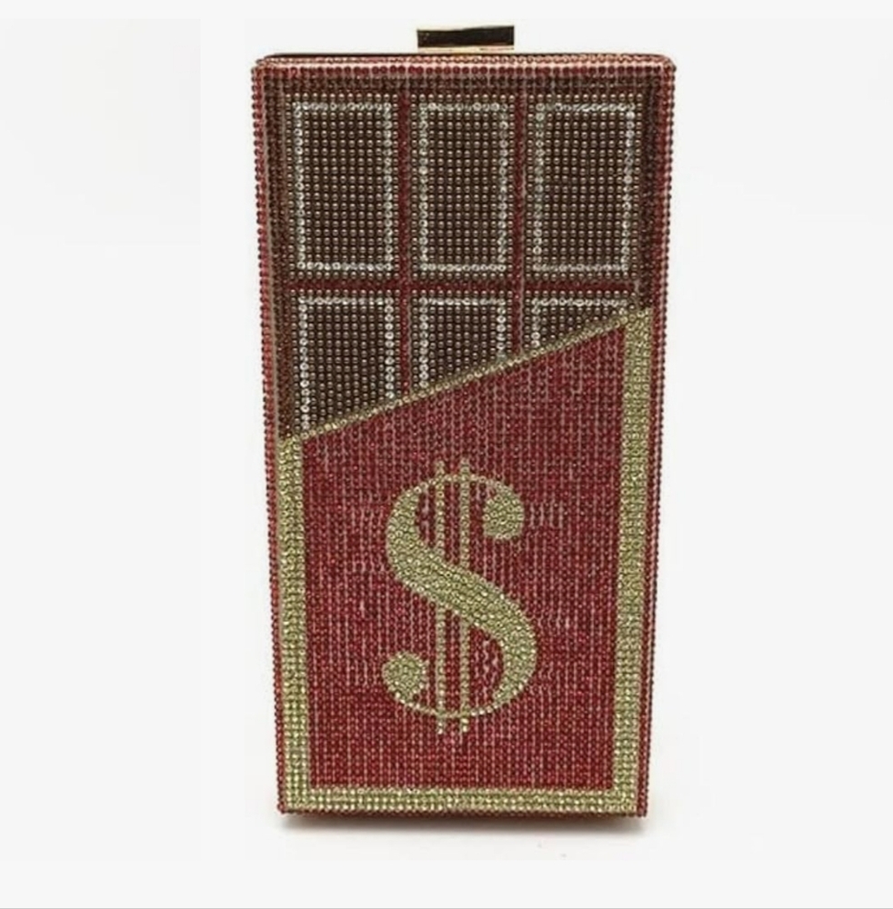 Red Gold Dollar Sign Money Clutch Bag Rhinestones New